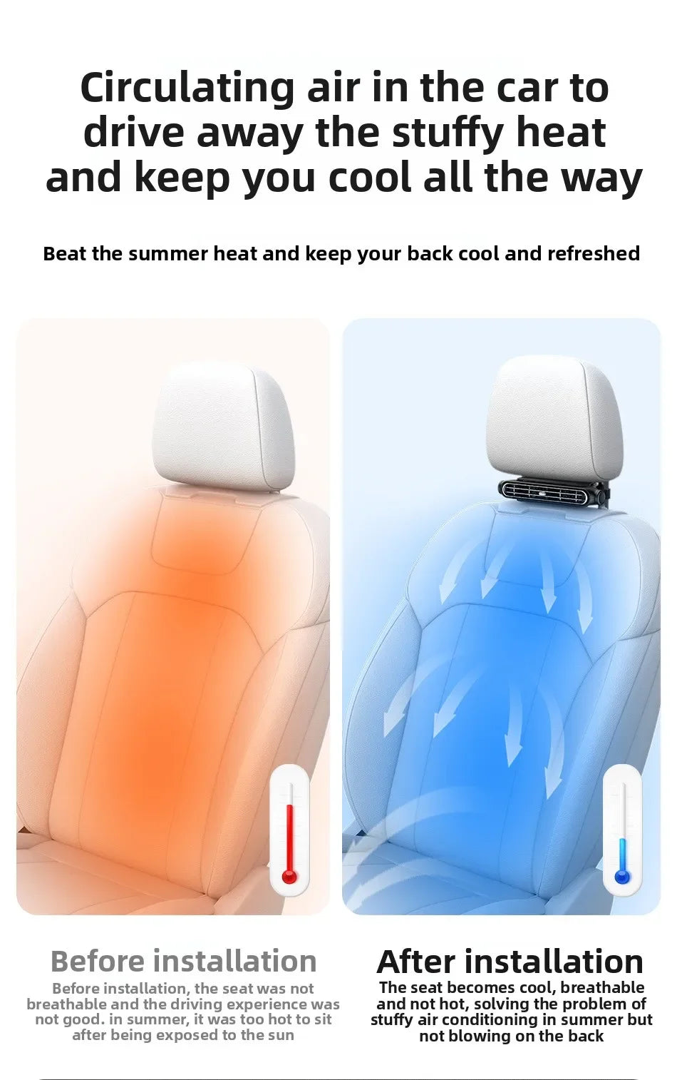 2026 New Car Seat Fan 3000mAh Built-in Battery Long Lasting USB No Blade Backrest Fan Cooler car air conditioner car fan cooler