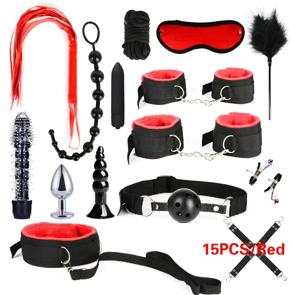 Sex Products Erotic Toys for Adults BDSM Sex Bondage Set Handcuffs Nipple Clamps Gag Whip Rope Sex Toys For Couples