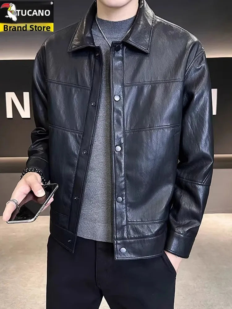 TUCANO Men's Genuine Leather Jacket 2026 Autumn Winter Warm Sheepskin Slim Fit Biker Style Stand Collar Coat Outerwear