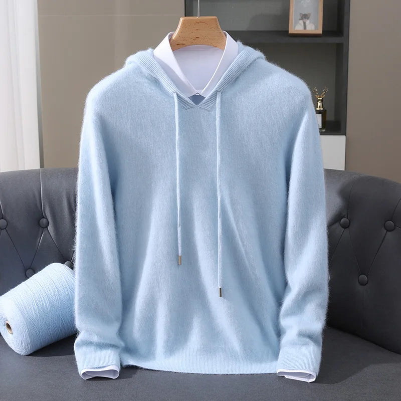 Autumn And Winter New 100% Pure Mink Wool Men Hooded Sweater Solid Color Knitted Sweater Loose Bottoming Leisure