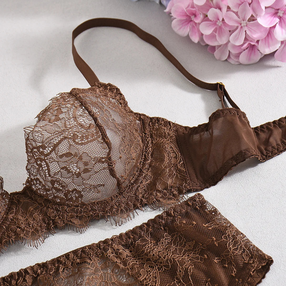 Ellolace Solid Lingeries Sexy Hot Elegant Bra Belt Thong 3PC with Leg Circles Cute Intimate Seductive Lace Tempted Underwear