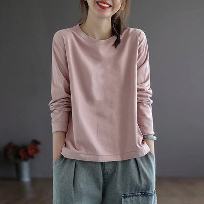 Retro Star Moon Pure Cotton Long Sleeve Pink Anti-Aging T-Shirt Women Loose Fashionable Spring Autumn Ladies Base Shirt Top