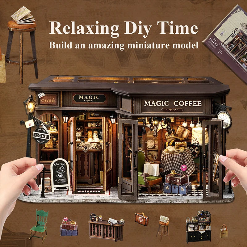 CUTEBEE Dollhouse Miniature with Furniture 3D DIY Wooden Dollhouse Kit with Dust Proof Creative Room Home Decor for Coffee Shops