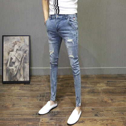 Light-colored Distressed Denim Cropped Trousers For Men Personality Slant Pocket Design, Embroidered Slim-fit Pencil Trousers