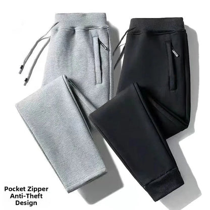 Men's Fleece Lined Loose Fit Trousers Korean Style Casual Pants with Pockets Zipper Closure Autumn Winter Outerwear Cargo Pants