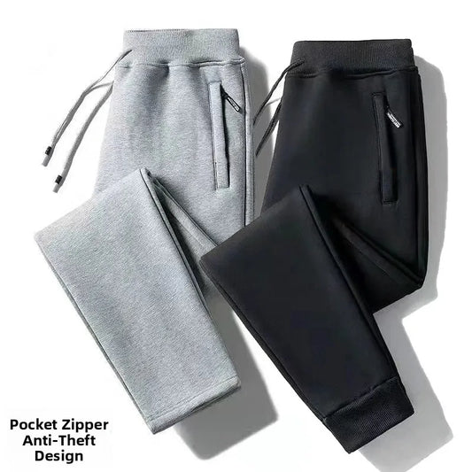 Men's Fleece Lined Loose Fit Trousers Korean Style Casual Pants with Pockets Zipper Closure Autumn Winter Outerwear Cargo Pants