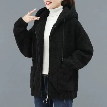 Lamb Velvet Jacket with Hood Women's Fleece Lined Thickened Sweatshirt Casual Top Pure Color Versatile Long Sleeve Regular Le...