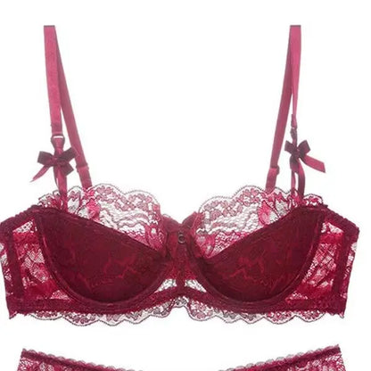 Sexy Lace Half Cup Bra Set Women Soft Underwire Gathered Thin Push Up Lightweight Exquisite Lace Comfort Lingerie Set 4 Colors