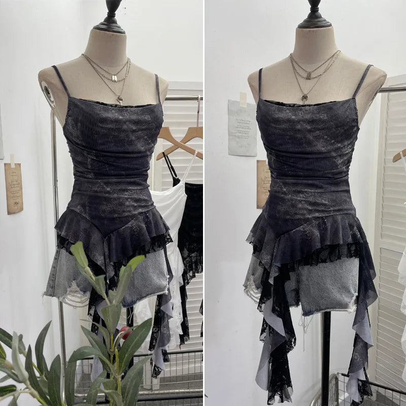 ISAROSE Summer Y2K Camisole for Women Casual Spaghetti Straps Double Layers Lace Stretch Mesh Patchwork Asymmetrical Slim Tops