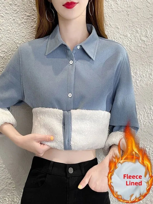 Women's Collared Fleece Lined Thickened Fashionable Shirt Korean Style Commute Wind Loose Fit Long Sleeve Warm Autumn Shirt