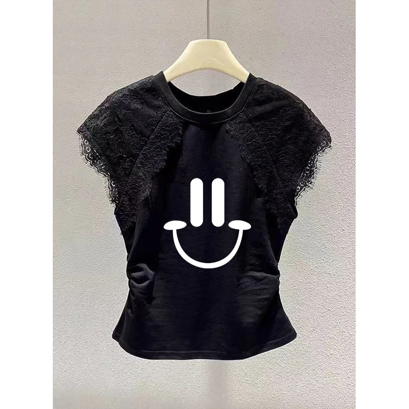 Retro Black Lace Mesh Short Sleeve Top Women Summer Fly Sleeve Short T-Shirt Outlet Store Printed Slim Fit Cotton Polyester