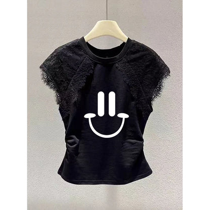 Retro Black Lace Mesh Short Sleeve Top Women Summer Fly Sleeve Short T-Shirt Outlet Store Printed Slim Fit Cotton Polyester