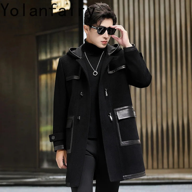 YOLANFAIRY Luxury Woolen Jackets for Man Autumn Winter Mid-length Pure Wool Patchwork Sheepskin Trench Coat Hooded Mens Jacket