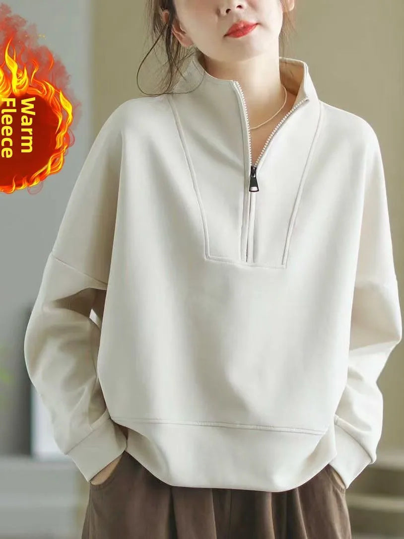 Autumn Winter Hoodie Women Loose Fit Long Sleeve Zipper Stand Collar Casual Slimming Sweatshirt Comfortable Soft Polyester