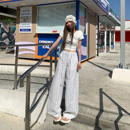 High-waist loose wide-leg pants, spring and summer new drawstring vertical striped versatile straight-leg casual pants for women