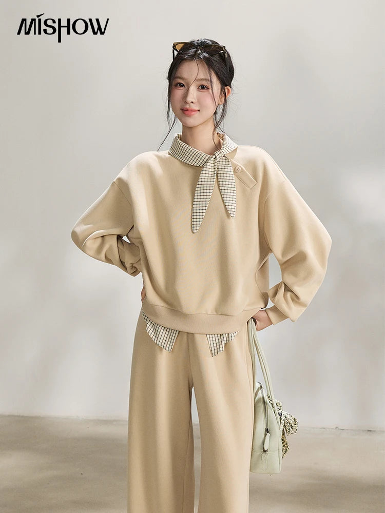 MISHOW Women's Plaid Tie Neck Sweatshirt 2026 Spring Splice Fake Two Piece Casual Tops Cotton Loose Beige Pullover MXF108V0464
