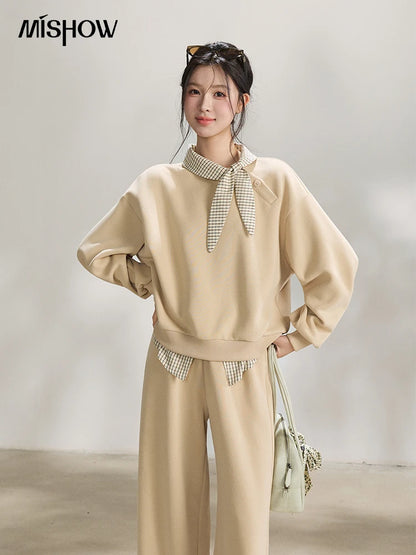 MISHOW Women's Plaid Tie Neck Sweatshirt 2026 Spring Splice Fake Two Piece Casual Tops Cotton Loose Beige Pullover MXF108V0464