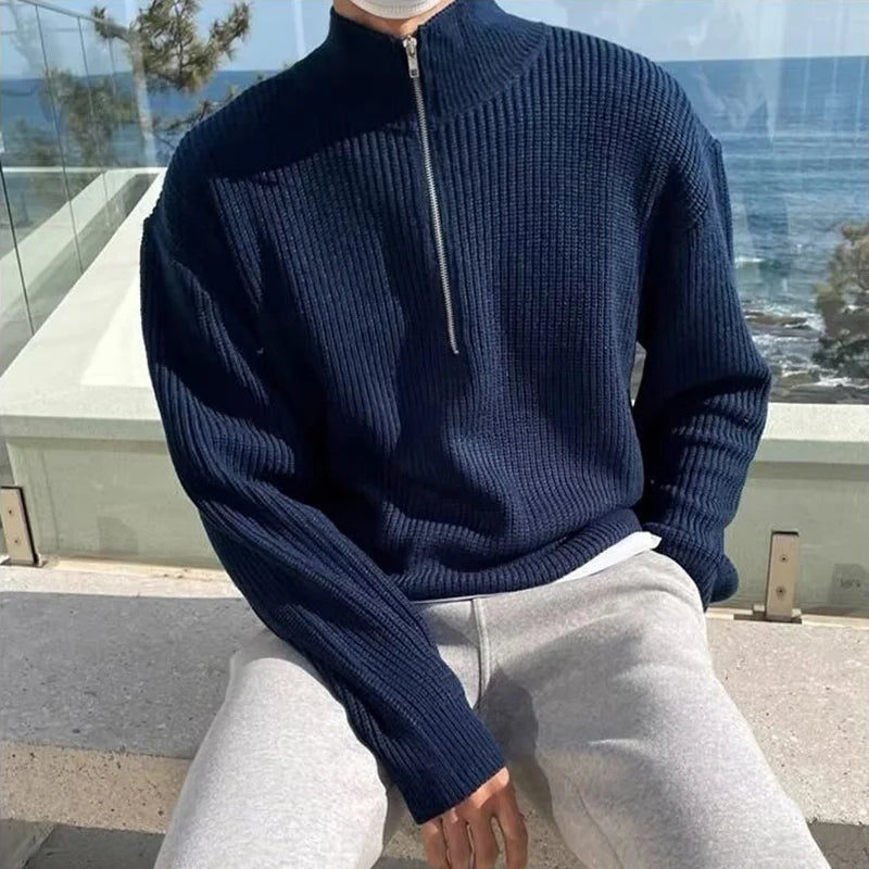 Trend Mens Casual Sweater New Half Zipper Pullover Autumn Winter Fashion Streetwear Sweater Outdoor Work Sweatshirts Solid Top