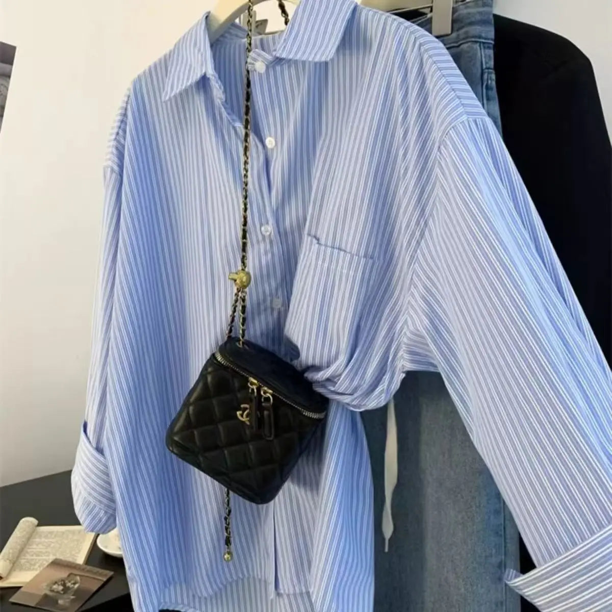 Retro Lazy Sle Blue Striped Women's Long Sve irt Spring Autumn Design Sense Small ence Outerwear Blouse