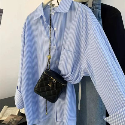 Retro Lazy Sle Blue Striped Women's Long Sve irt Spring Autumn Design Sense Small ence Outerwear Blouse
