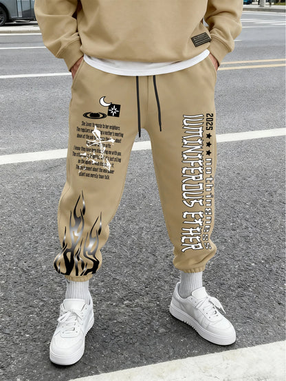 Men Retro Gothic Vertical Letter Flame & Planet Graphic Joggers Elastic Cuff Cozy Loose Fit Urban Casual Street Sweat Pants