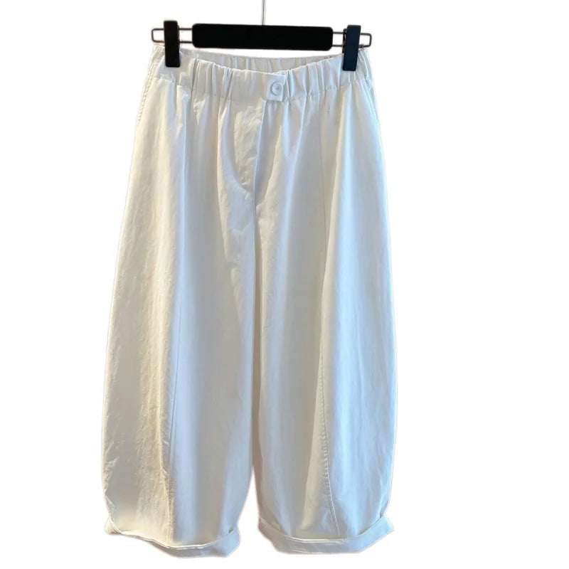 Summer Women White Balloon Pants Elastic Waist Loose Wide Leg Cropped Casual Trousers Lazy Style Hide Fat Breathable Daily Psnts