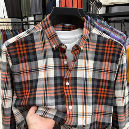 American-style Plaid Long-sleeve Shirt for Men, Pure Cotton Casual Trendy Brand Embroidered Red Shirt Top for Spring and Autumn
