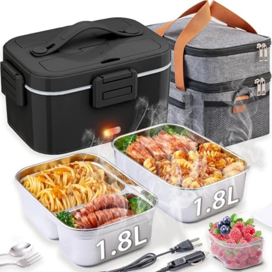 Electric Lunch Box for Adults 100W with 2 Stainless Steel Containers 1.8L Heated Lunch Boxes for Men Food Heater Portable 12/24