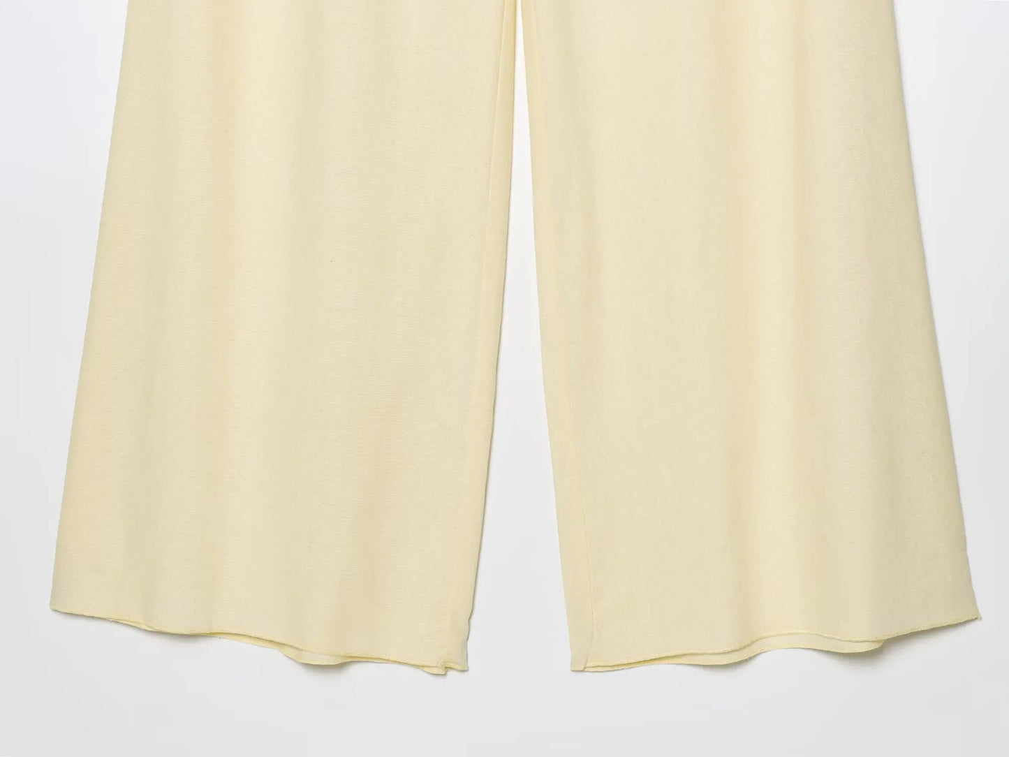 HH Women Chic Solid Simple Wave Edge V-Neck Puff Sleeves Short Shirt Top+High Waist Draw Rope Design Casual Loose Trousers