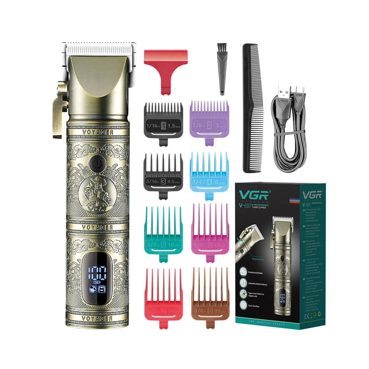 VGR professional high-end hair trimmer set, retro metal electric push shear, home LED intelligent digital hair clipper, shaver