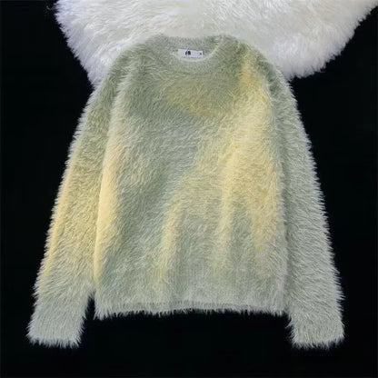 Winter faux mink fur soft and sticky solid color sweater with a high-end feel, men's and women's long sleeved warm round neck kn