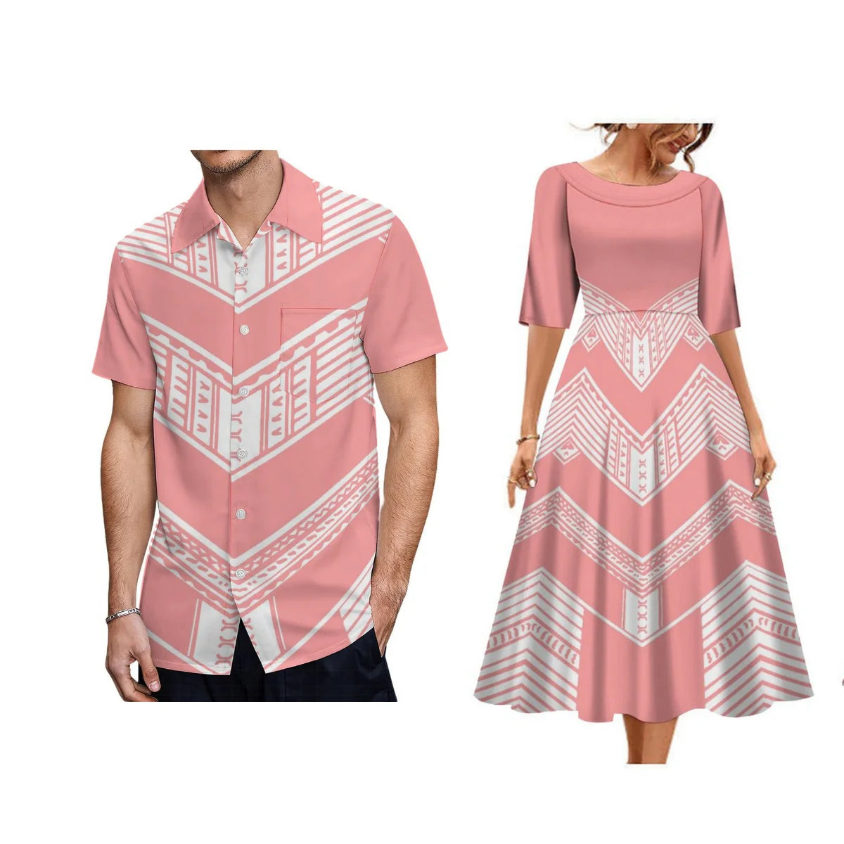 Tribal Clothing Polynesian Men Shirt Hawaiian Print Customized Large Round Neck Women Dress Couple Fashion Elegant Match