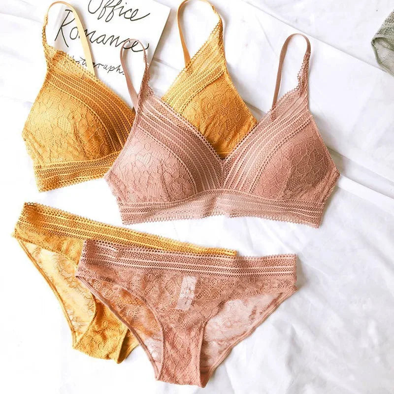 2 Pieces Women Underwear Set Sexy Lace Triangle Thin Cup Push Up Bra Set High Quality Wireless Brassiere Panties Lingerie Sets