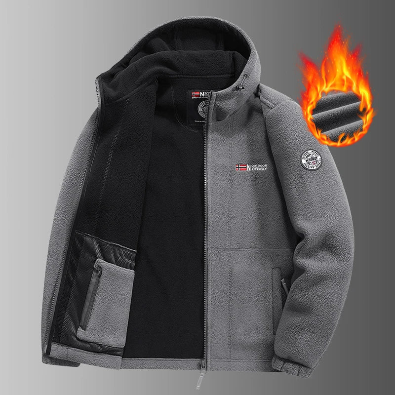 Men's Thickened Fleece Jacket Autumn Winter Double-sided Lamb Fur Hooded Coat Outdoor Windproof Zipper Short Style Polyester