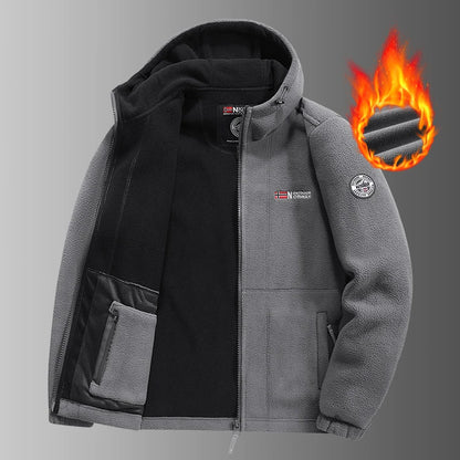 Men's Thickened Fleece Jacket Autumn Winter Double-sided Lamb Fur Hooded Coat Outdoor Windproof Zipper Short Style Polyester
