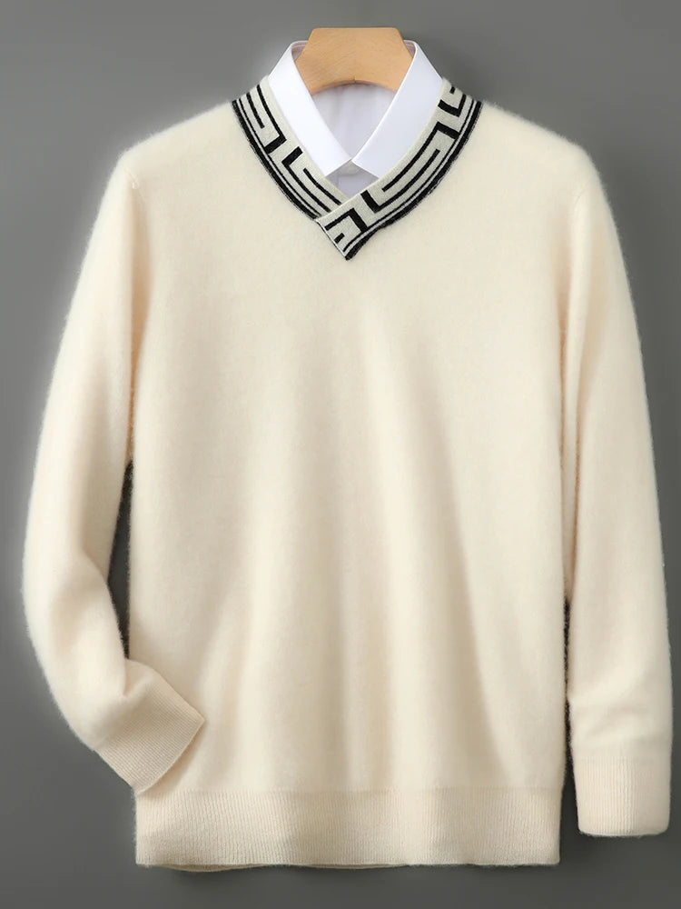 Autumn and winter new men's V-neck 100% pure cashmere sweater thick long sleeve contrast cashmere knitting fashion.