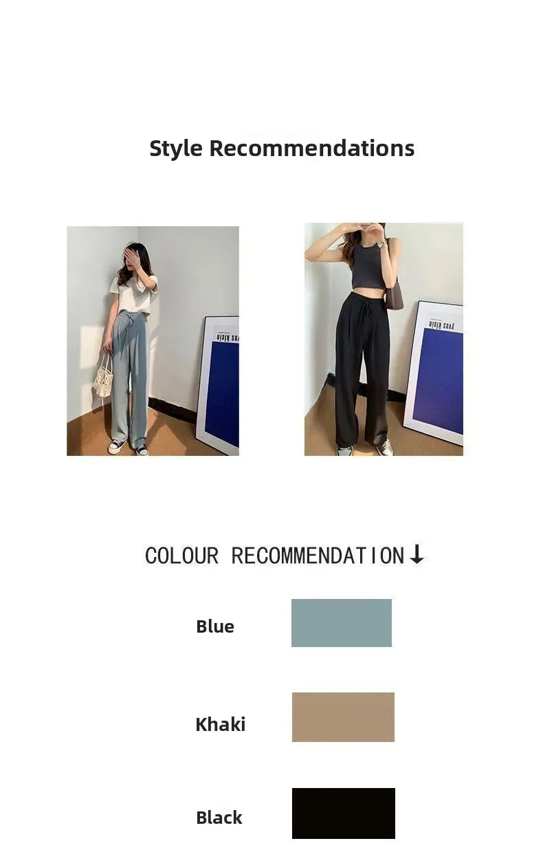 Ice Silk High Waist Wide Leg Pants Women Summer Loose Thin Straight Casual Trousers Korean Style Polyester Fiber Skin-friendl...