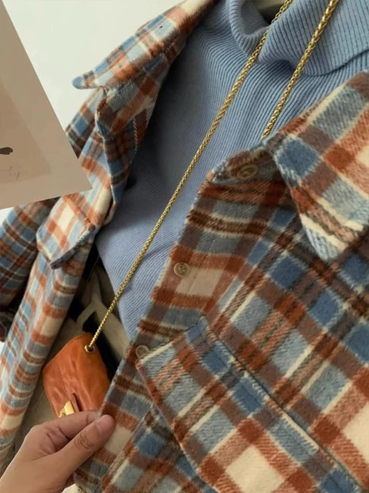 Retro Color Block Thickened Plaid Shirt Women's Loose Mid-Length Woolen Coat Spring Autumn Seasonal Korean Style Commute Wind