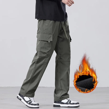Men's Fleece Cargo Pants Winter Fashion Casual Pants Large Pockets Loose Velvet Trousers Male Plush Thickened Warm Pants