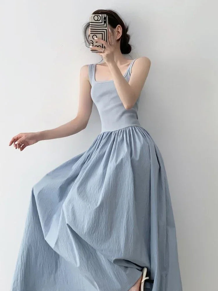 new Summer Patchwork Sleeveless Dress Vintage Female Fashion Casual Holiday Dress For Women Square Neck Long Party Dresses