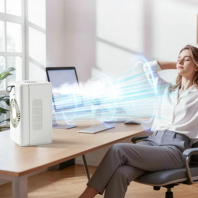 portable mist fan, spray cooling fan, rechargeable humidifier fan, digital display travel mist fan, safety lock portable fan