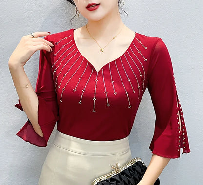 2026 Spring Summer Mesh Tops Korean Fashion Diamond T Shirt Slim 3/4 Sleeve Hollow Out Casual Women Shirt