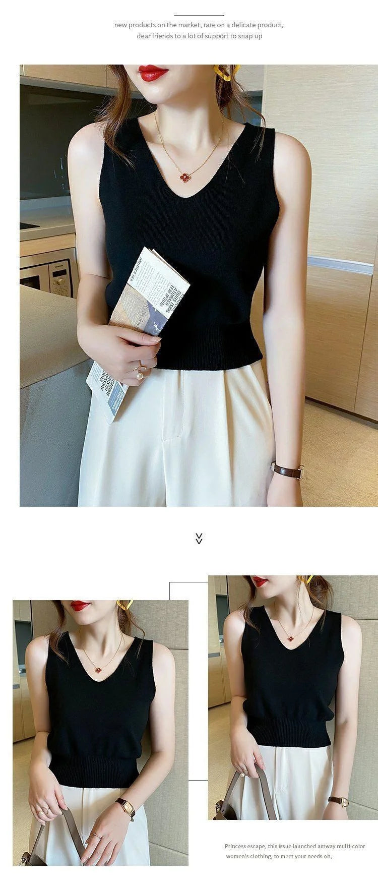 Women's Summer V-Neck Tank Top: Breathable, Waist-Defining Short-Sleeved Knit Top with Ice-Silk Spandex Lining for Outerwear