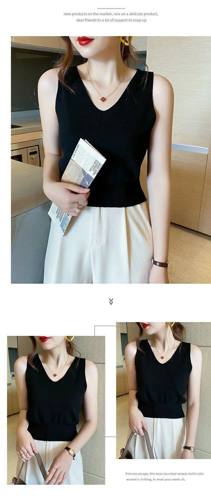 Women's Summer V-Neck Tank Top: Breathable, Waist-Defining Short-Sleeved Knit Top with Ice-Silk Spandex Lining for Outerwear
