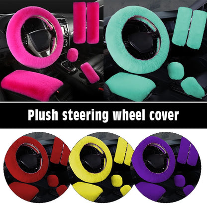 Plush Car Steering Wheel Cover 6piece Set Winter Warmth And Elastic Non Slip Handle Cover  Women's Car Interior Accessories