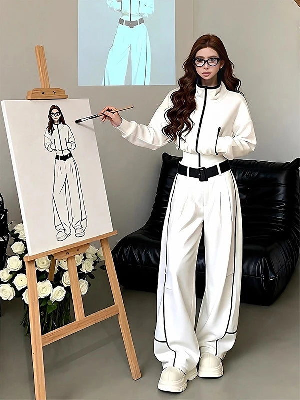 Winter Fashion Short Zipper Jacket High Waist Wide Leg Pants Two Piece Set Simple Design Casual Style Polyester Fabric