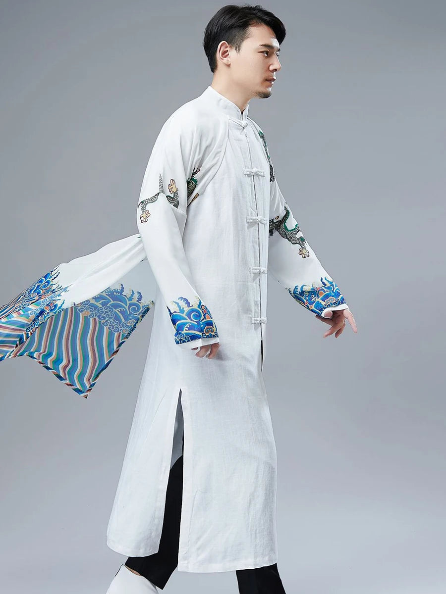 Retro Chinese Sle Youth Men's Long irt Fake Two-Piece Silk Printed Cotton Linen Hanfu Tang Costume Robe Summer Casual Wear