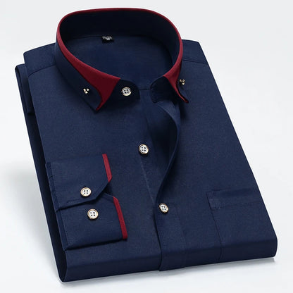 Hot Sale Men's Business Dress Shirts long Sleeve Contrast Collar Social Camisa With Diamond Anti-wrinkle Button Down Black Blue
