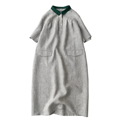 Ele Contrast Color Collar Linen ort Sve irt Dr Women's Summer New Artistic Versatile Midi Dr Comfortable A-L...