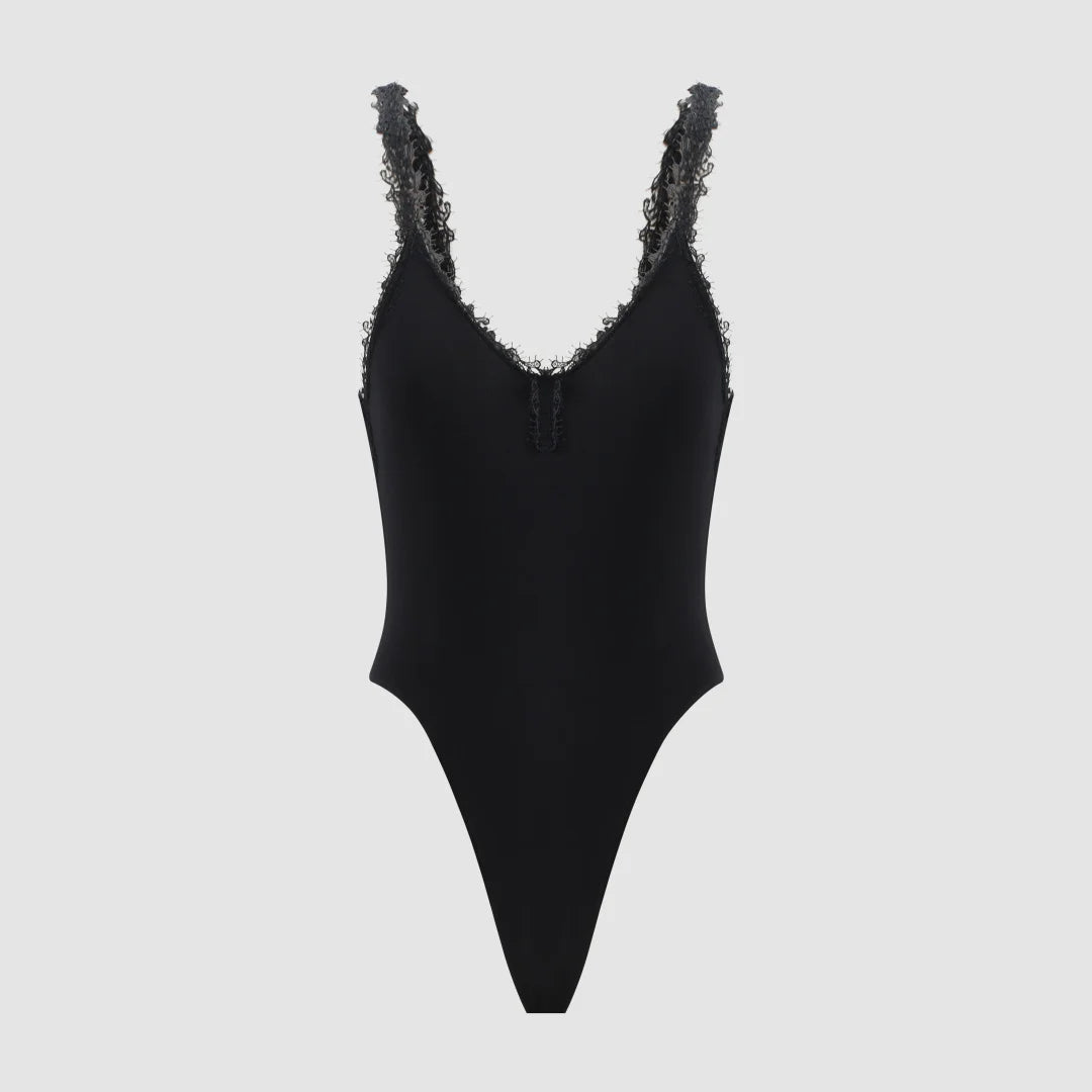 Women Black Lace Trim Bodysuit Elegant V-Neck Sleeveless Tank Top Slim Fit Sexy Bodycon Jumpsuit Basic Summer Bodysuits